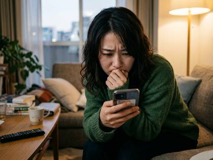 スマホを見つめ、口元に手を当て心配そうな女性