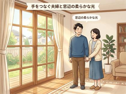 窓辺で手をつなぎ、笑顔で立つ夫婦。部屋に柔らかな光が差し込む様子。
