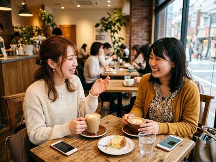 カフェで笑顔で会話する2人の女性。コーヒーとデザート。