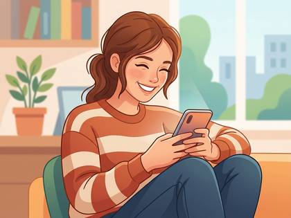 笑顔でスマホを見る女性のイラスト。