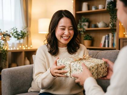 満面の笑みでプレゼントを受け取る女性。