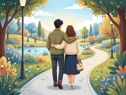 公園の道を肩を組んで歩くカップルの後ろ姿のイラスト。
