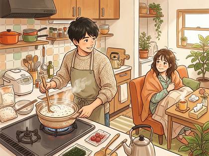 エプロン姿の男性がキッチンで料理をし、ブランケットの女性がリビングでくつろいでいる。