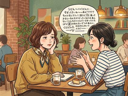 カフェで楽しそうに話す女性と、少し退屈そうに話を聞く女性。