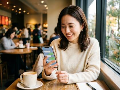 カフェでスマホを見て笑顔の女性。