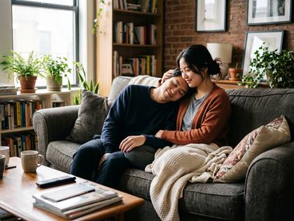 ソファで男性が女性の肩に頭を乗せてくつろぐカップル。