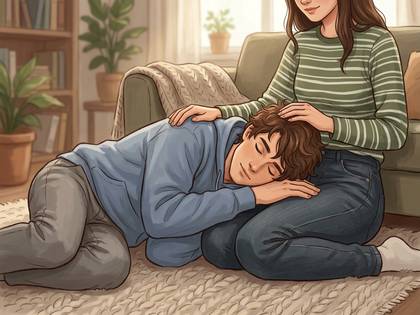 女性の膝に頭を乗せて休む男性、女性は優しく頭を撫でる。