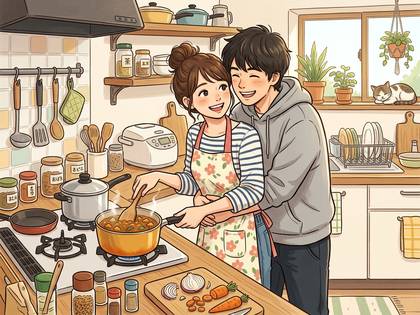 寄り添いながらキッチンで料理する幸せなカップル。