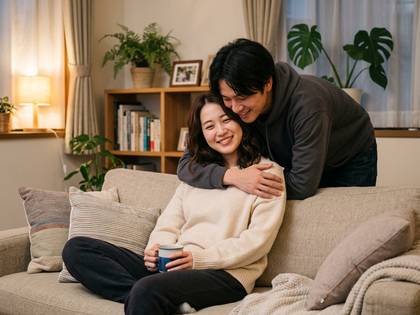 ソファで笑顔の男女。男性が女性を後ろから抱きしめ、女性はマグカップを持つ。