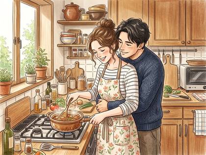 温かいキッチンで料理中の妻を夫が後ろから抱きしめる、幸せな夫婦のイラスト。
