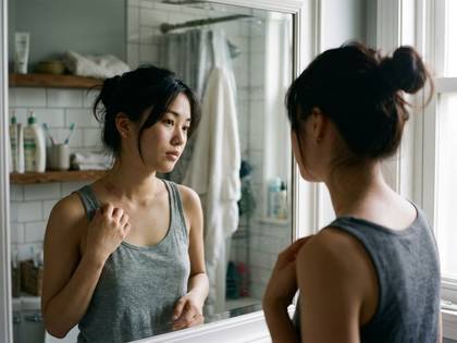 鏡に映る自分を見つめ、肩のあざに触れる女性。