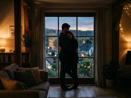 暖かい室内で窓越しに抱き合うカップル。外には街の明かり。