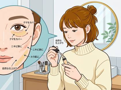 女性がコンシーラーでクマやニキビ跡、乾燥肌をカバーし、自然な仕上がりを目指す様子。