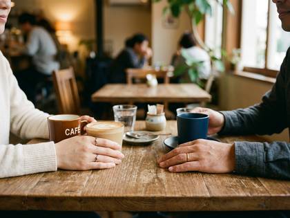 カフェのテーブルでコーヒーを挟んで向かい合う男女の手。