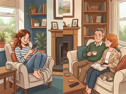 異なる世代のリビング。左で若い女性がスマホ、右で年配夫婦が読書。