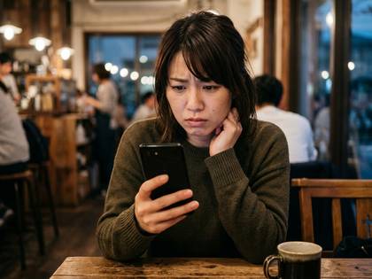 カフェのテーブルでスマホを見て困惑する女性。