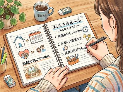 女性が家族のルールをノートに書き込む。笑顔で過ごすための約束事。
