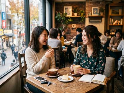 カフェで笑顔でコーヒーを楽しみながら会話する女性たち。