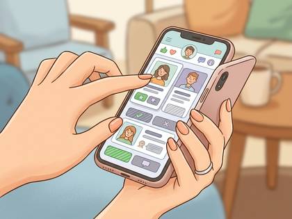 女性がスマホでマッチングアプリを操作している様子。