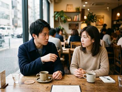 カフェでコーヒーを前に向かい合って座る男女。