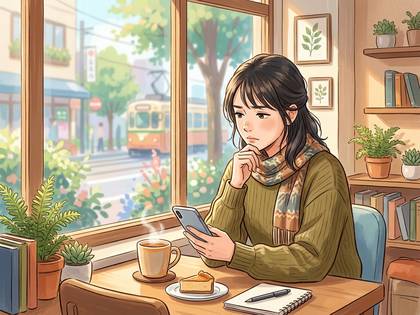 街並みが望めるカフェで、スマホを見つめる若い女性。テーブルにはコーヒーとケーキ。