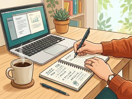 PCとノートで作業する手元。温かいコーヒーと観葉植物が並ぶデスク。