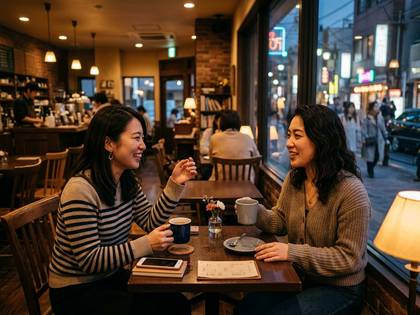 笑顔の女性がカフェでコーヒーを楽しみ、窓越しの夜景を見る。