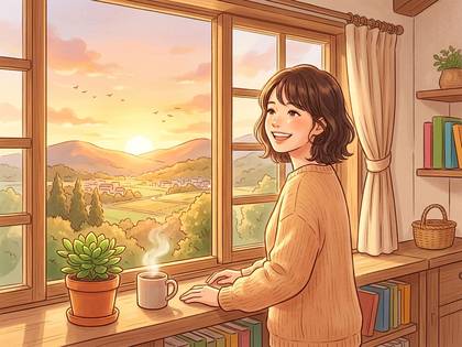 窓辺で夕焼けの山里を眺め、笑顔の女性。温かいコーヒーと植物。