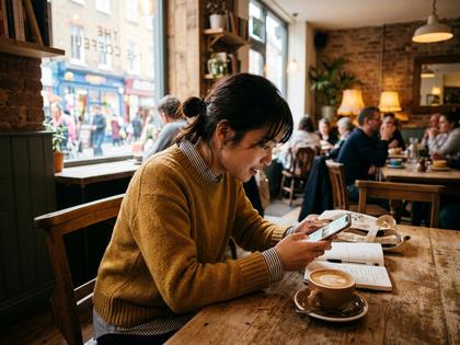 カフェでスマホを覗き込む若い女性のイメージ写真