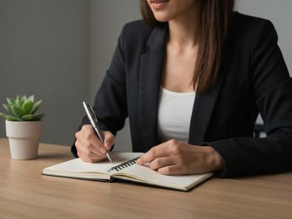 ノートとペンでプロフィール文を考える女性のデスク風景