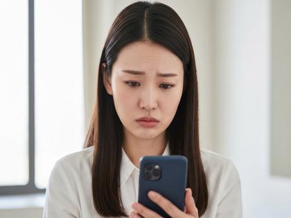 スマホ画面を見ながら少し困った表情の女性