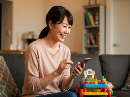 スマホを片手に微笑む30代女性。リビングのソファに座り、子どものおもちゃがそばに置かれている温かい雰囲気
