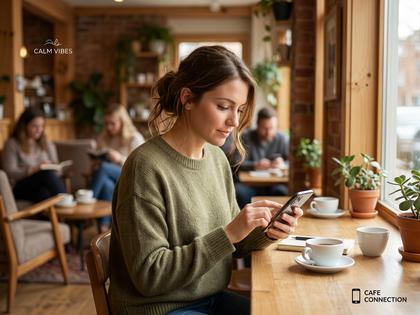 カフェでスマホを操作する女性。穏やかな自然光が差し込む店内