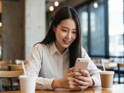 スマートフォンを操作する大学生の女性、カフェで笑顔