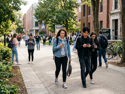 大学のキャンパスでスマホを見ながら歩く学生たち