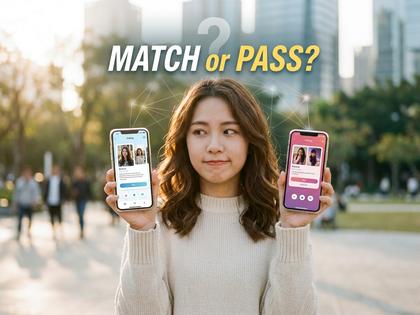 マッチングアプリの画面を見比べる若い女性