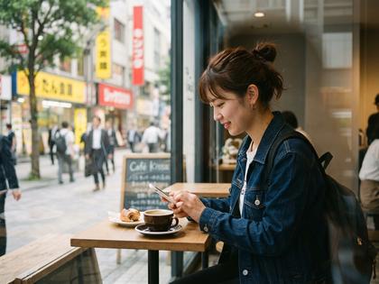 カフェでスマホを見ながらメッセージを打つ大学生の女性
