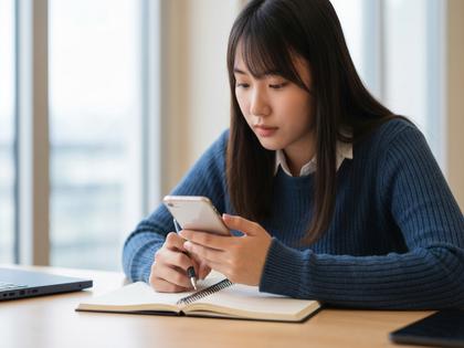 ノートにメモを取りながらスマホを確認する女子大生
