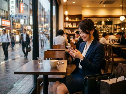 仕事帰りにスマホを見ながらカフェで一息つくスーツ姿の女性
