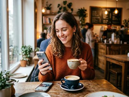 カフェで笑顔でスマホを見ている女性とコーヒーカップの写真