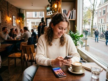 スマホを見ながらカフェでくつろぐ20代女性のイメージ