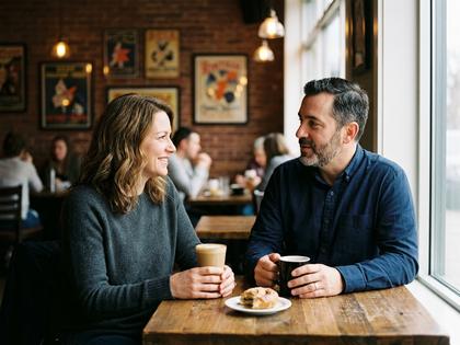 カフェで穏やかに会話する大人の男女のイメージ画像