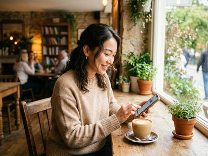 カフェでスマホを操作する女性の写真、ナチュラルな雰囲気