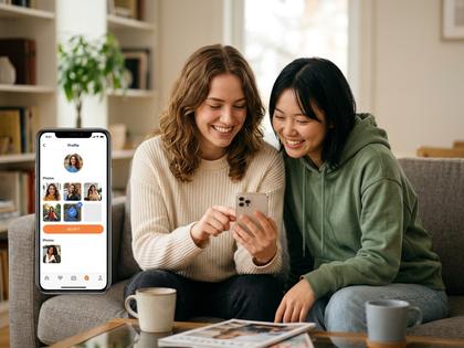 スマホのマッチングアプリ画面を見ながら友達と笑顔で写真を選んでいる20代女性のイメージ