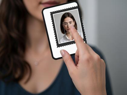 写真加工アプリでスタンプを使って人物の顔を隠している女性の手元