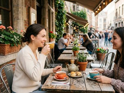 カフェのテラスで友人とお茶を楽しむナチュラルメイクの女性の横顔