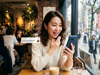スマホでマッチングアプリの通知を見て驚いている20代女性