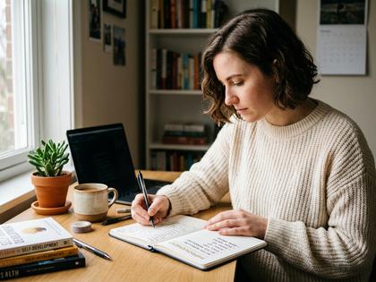 ノートに改善ポイントを書き出している女性のデスク