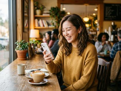 カフェでスマホを見ながら微笑む20代女性