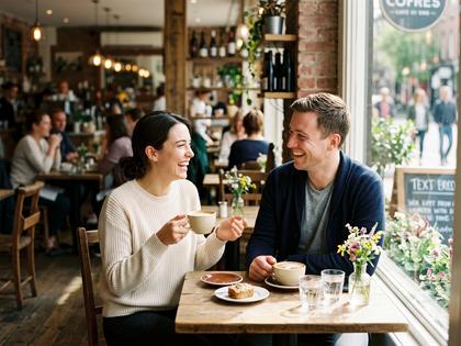 カフェで会話しながら笑い合うカップルのシーン
